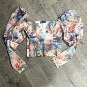 PrettyLittleThing Pink and Blue Long Sleeve Crop Blouse